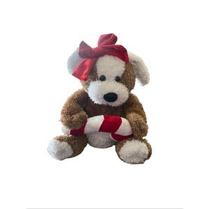 Dan Dee Brown White Puppy Dog Plush Red Bow Candy Cane Stuffed Animal 12”